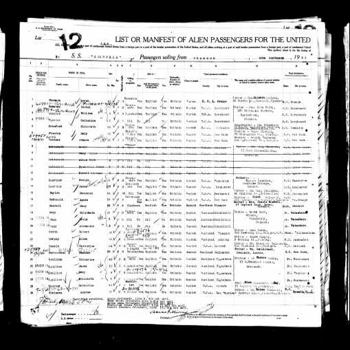 Passenger List for the Columbia, October 1923